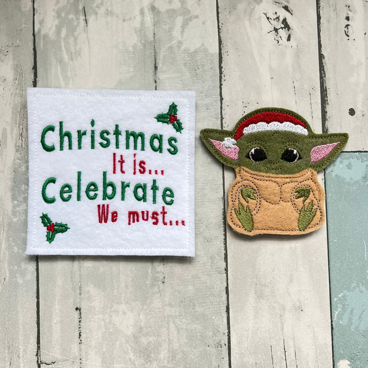 Green Space Santa Felt Finger Puppet with Pouch